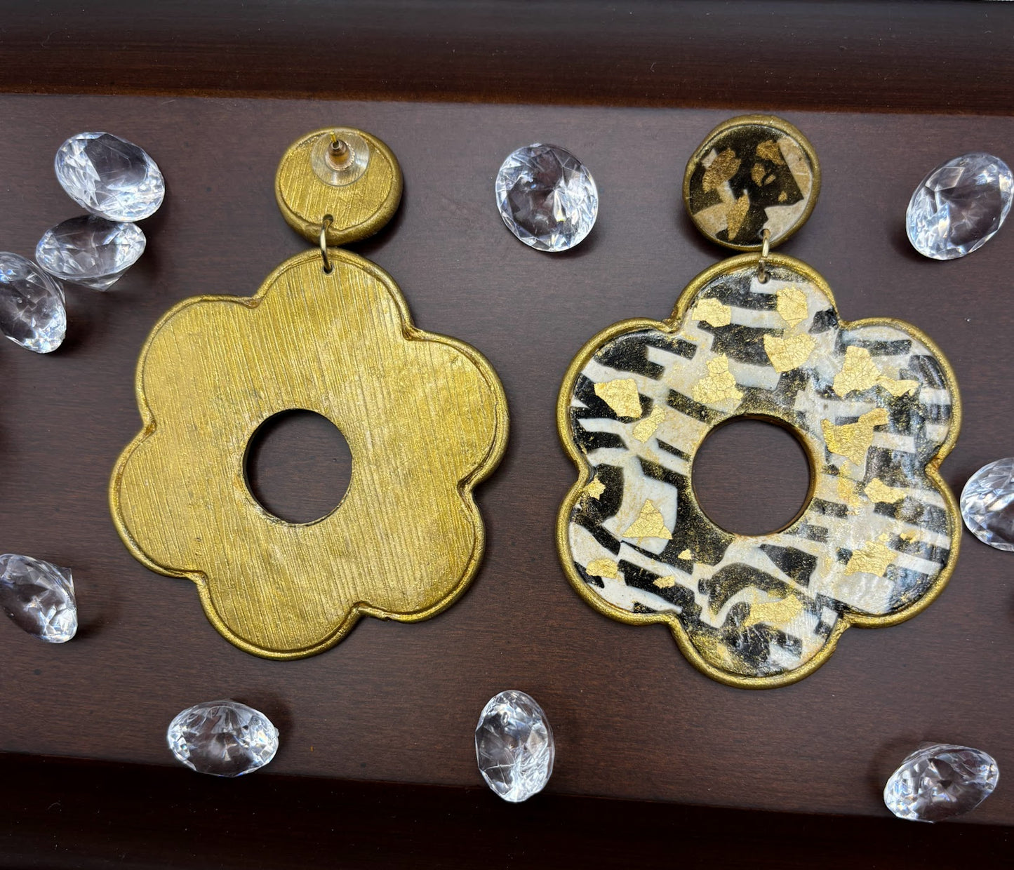 Polymer Clary Earrings - Black Gold & White Flower Studs