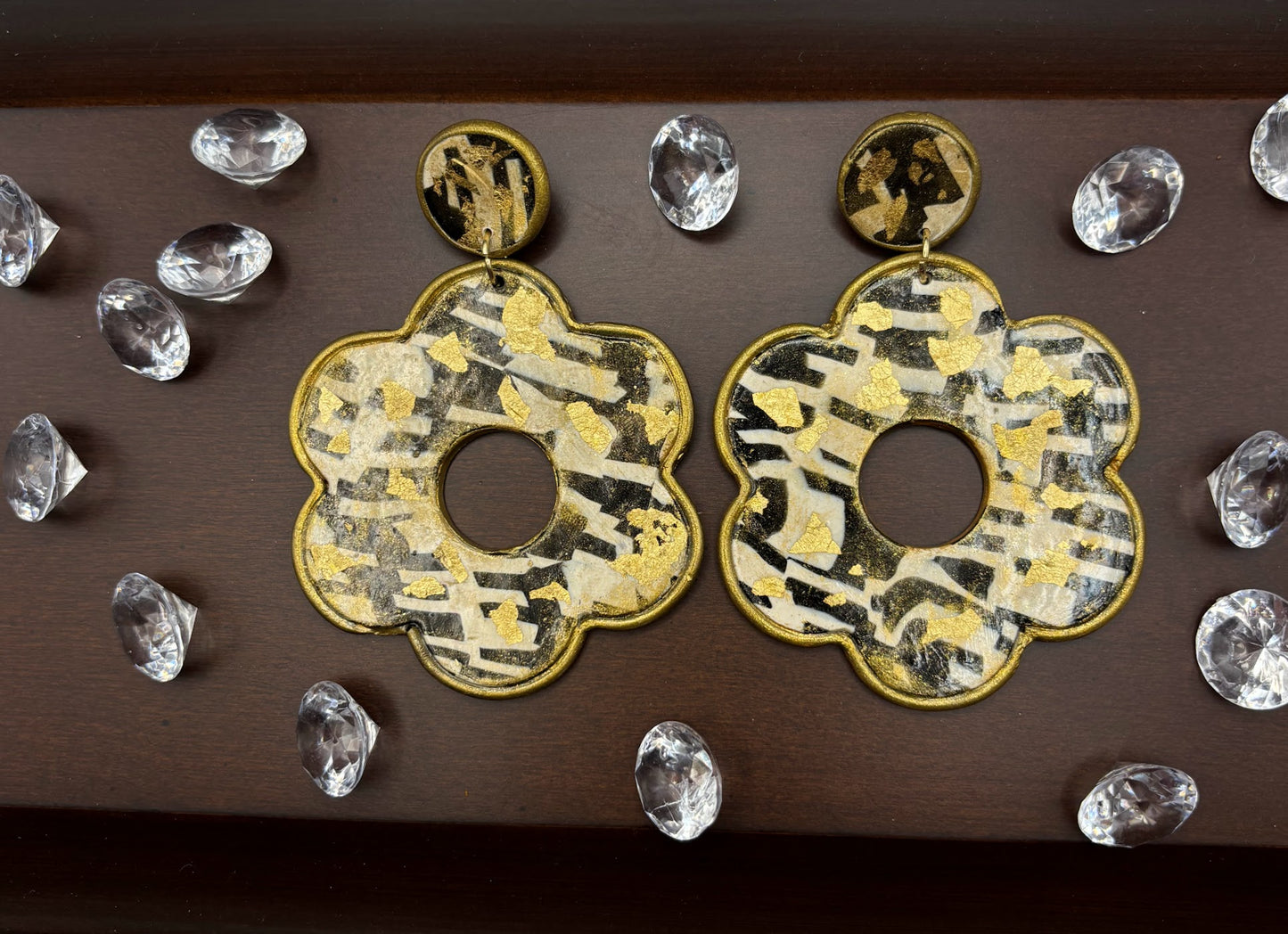 Polymer Clary Earrings - Black Gold & White Flower Studs