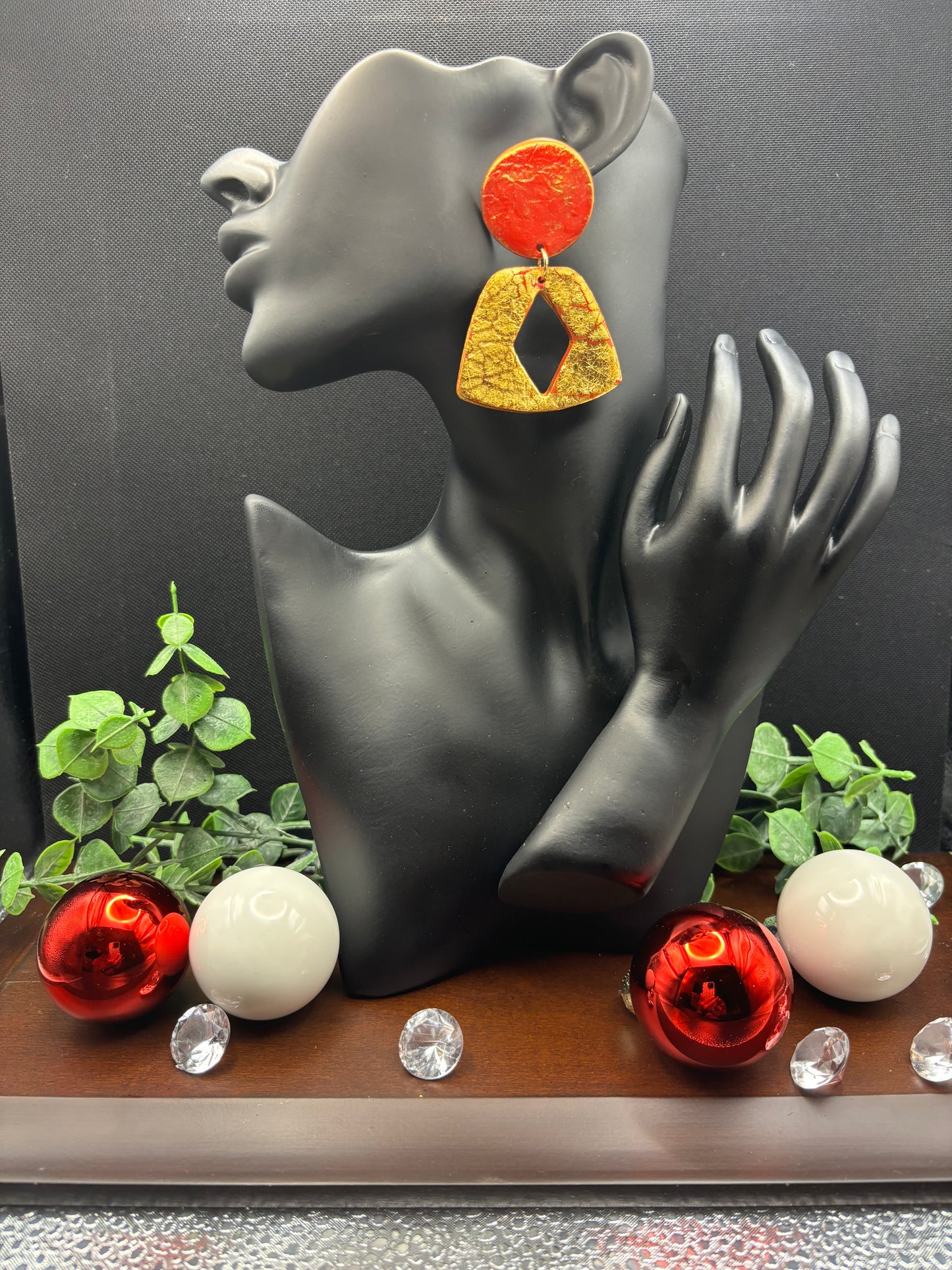 Polymer Clay Earrings - Red & Gold Crackled Hoops
