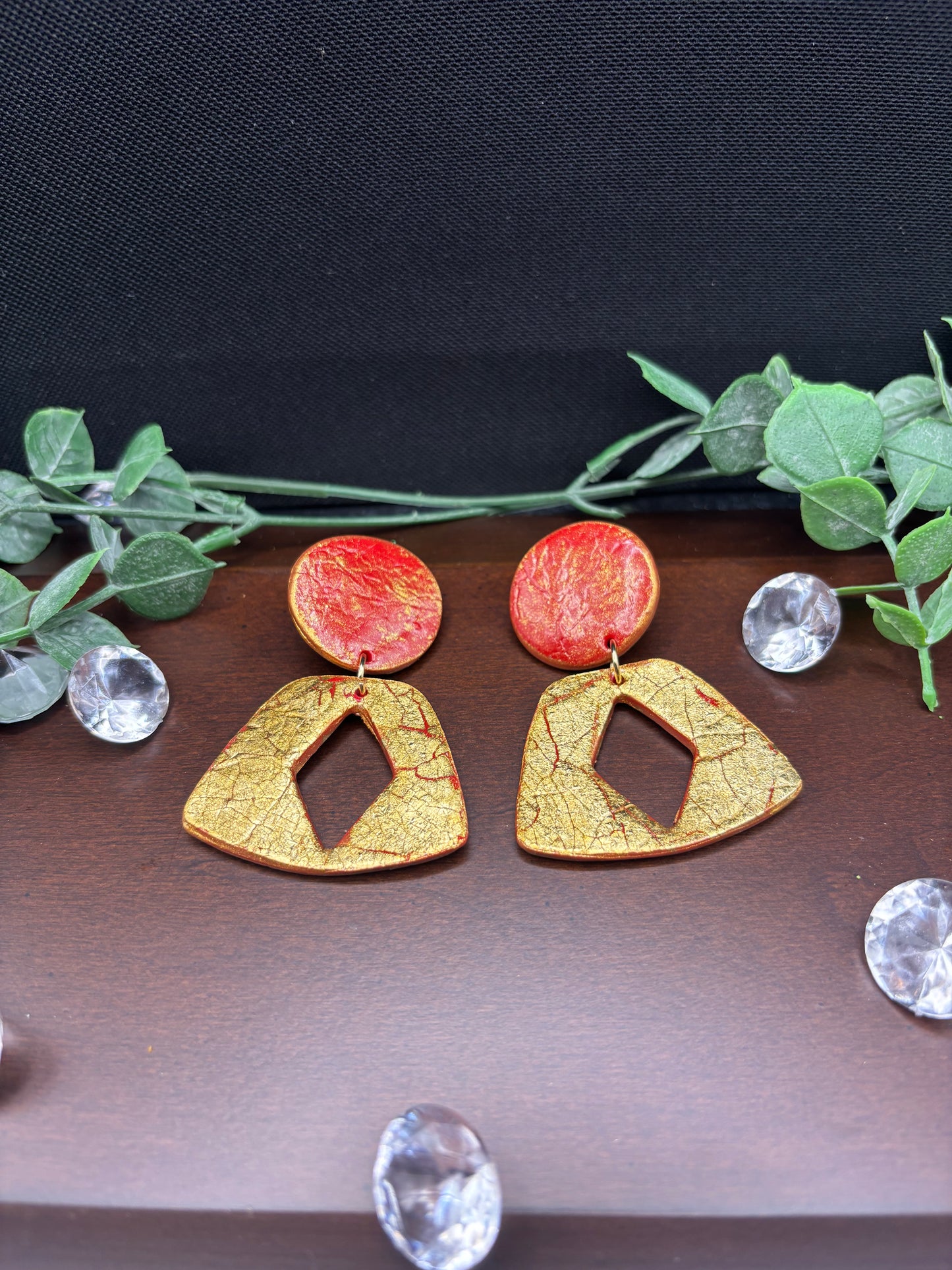 Polymer Clay Earrings - Red & Gold Crackled Hoops