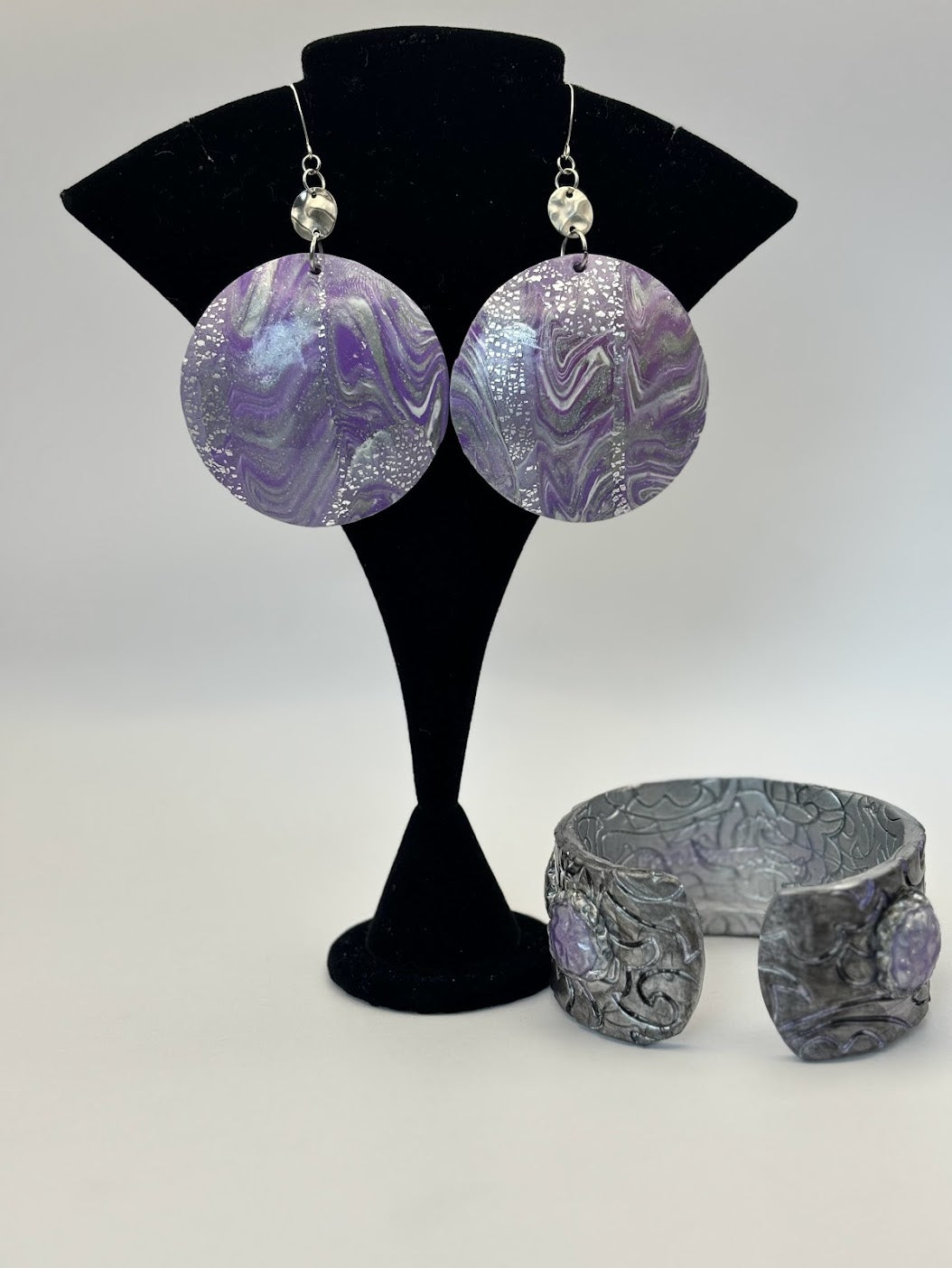 Polymer Clay Earring and Bracelet Purple Haze Cuff Set