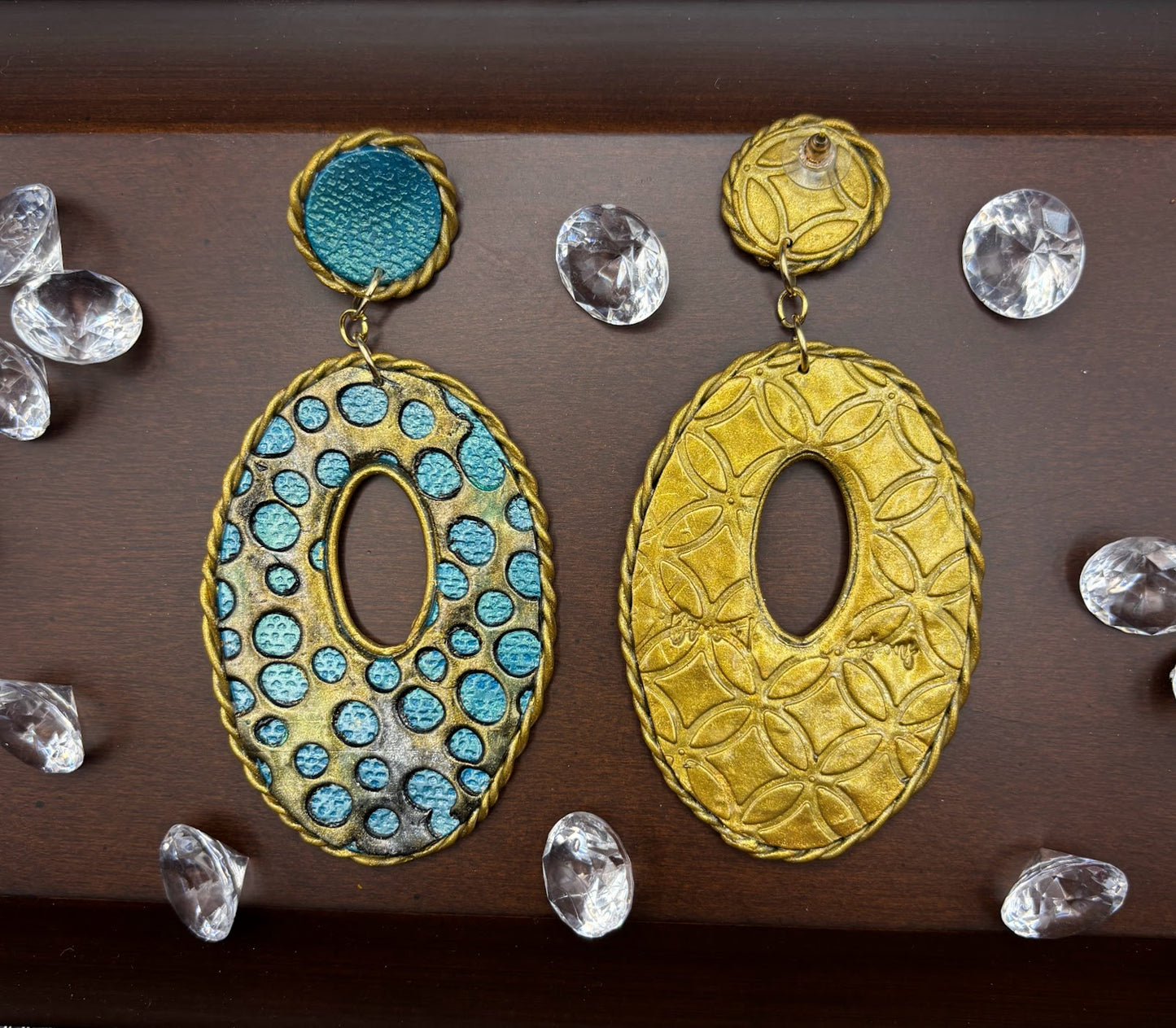 Polymer Clay Earrings - Turquoise & Gold Lace Oval Hoops