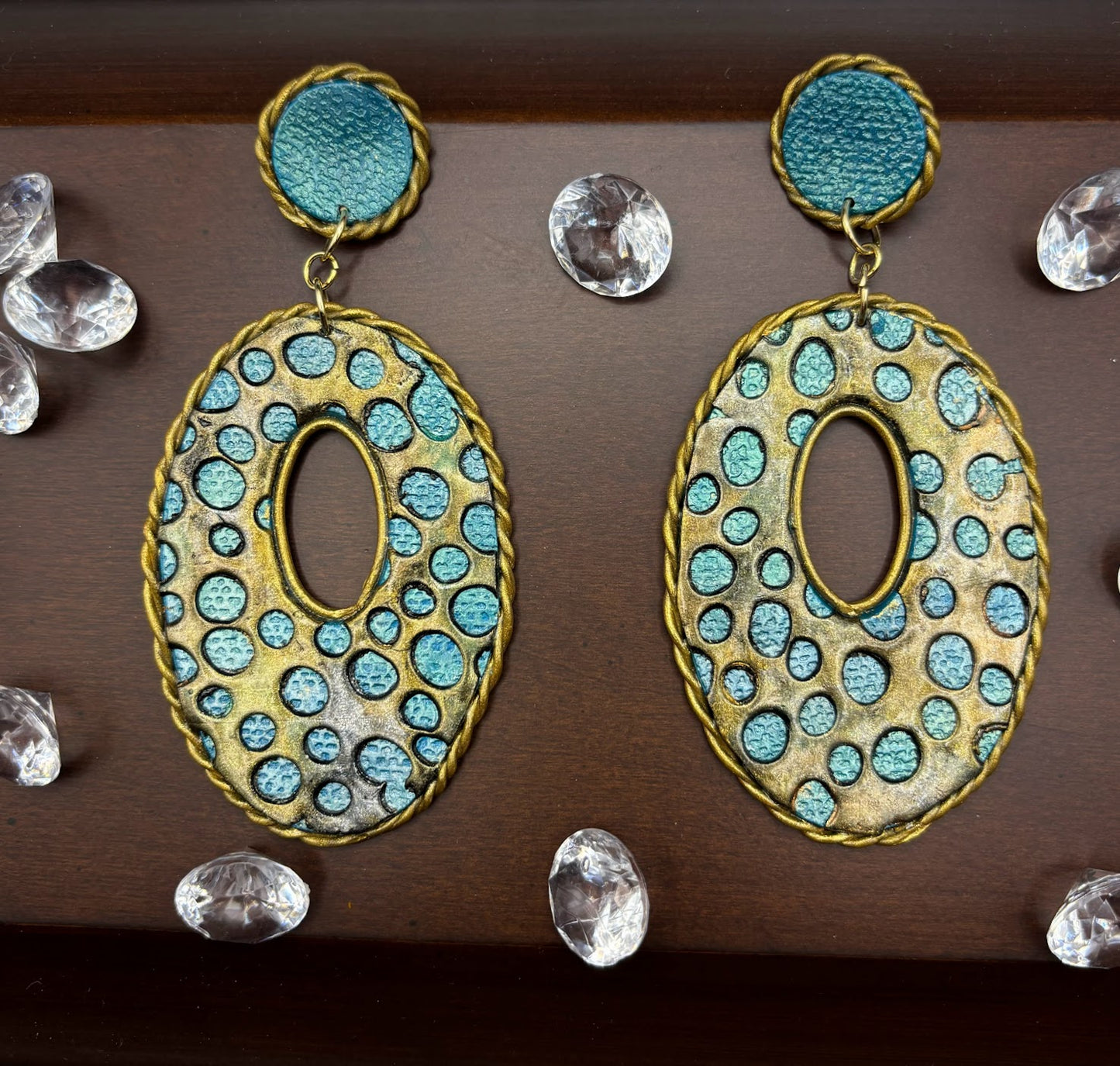 Polymer Clay Earrings - Turquoise & Gold Lace Oval Hoops