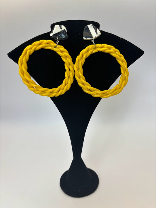 Polymer Clay Earrings - Twisted Yellow Black & White Hoops