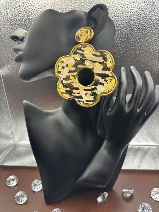Polymer Clary Earrings - Black Gold & White Flower Studs
