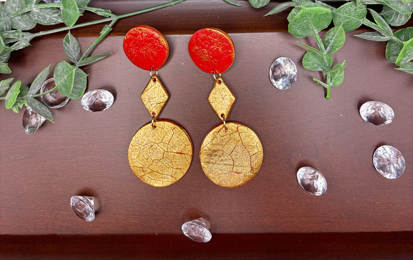 Polymer Clay Earrings - Red and Gold Crackled Round We Glow