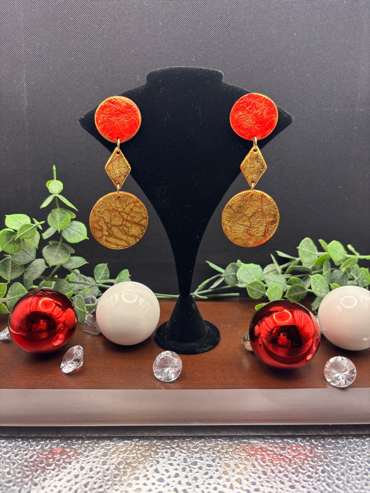 Polymer Clay Earrings - Red and Gold Crackled Round We Glow