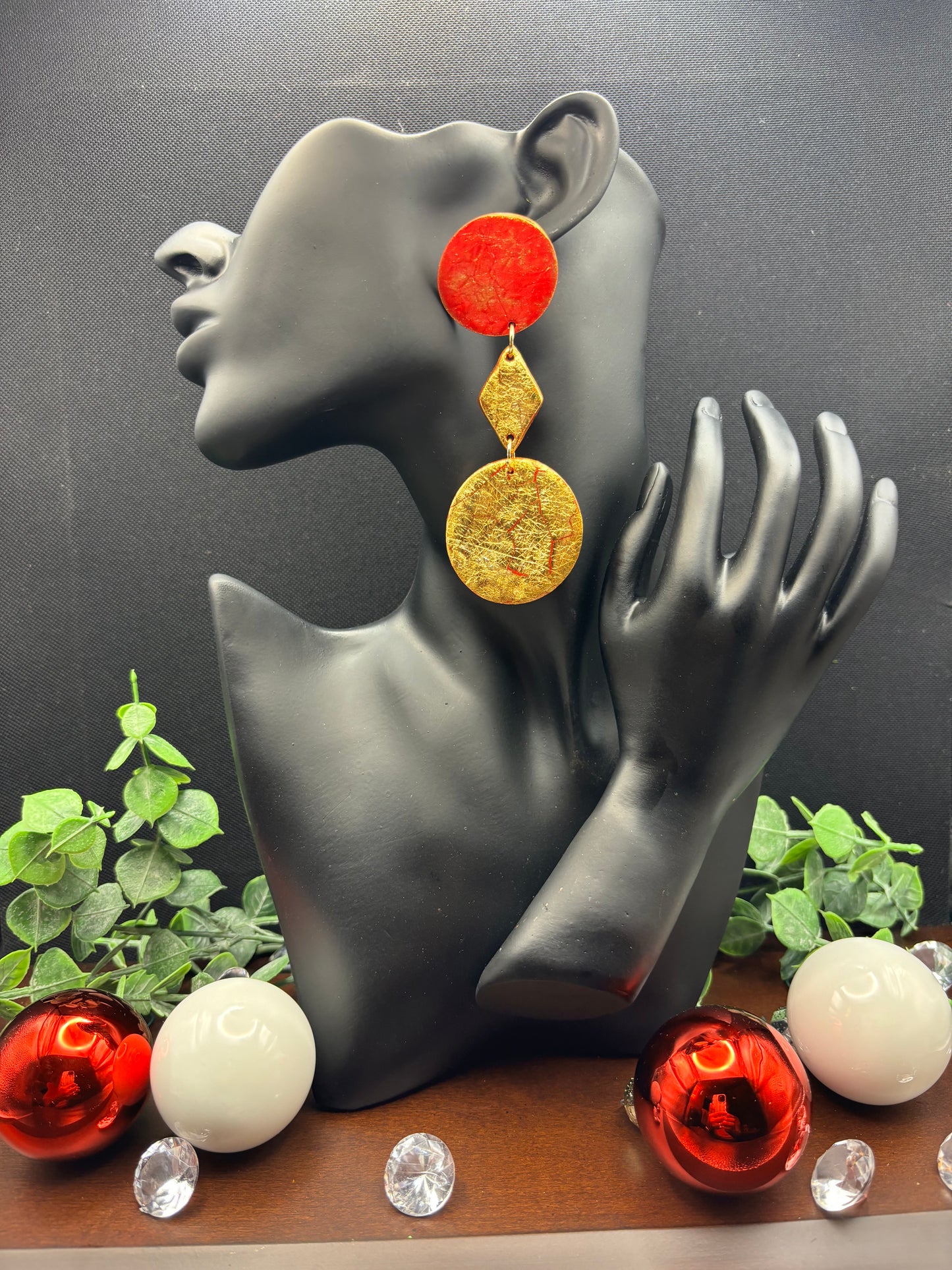 Polymer Clay Earrings - Red and Gold Crackled Round We Glow