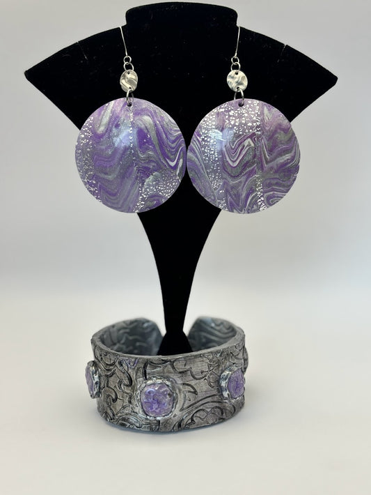 Polymer Clay Earring and Bracelet Purple Haze Cuff Set