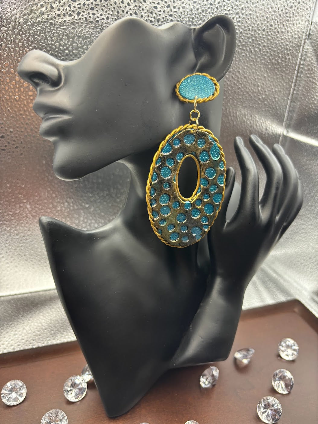 Polymer Clay Earrings - Turquoise & Gold Lace Oval Hoops