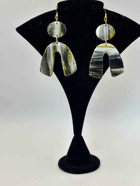 Polymer Clay Earrings - Black Gold & Yellow Abstract