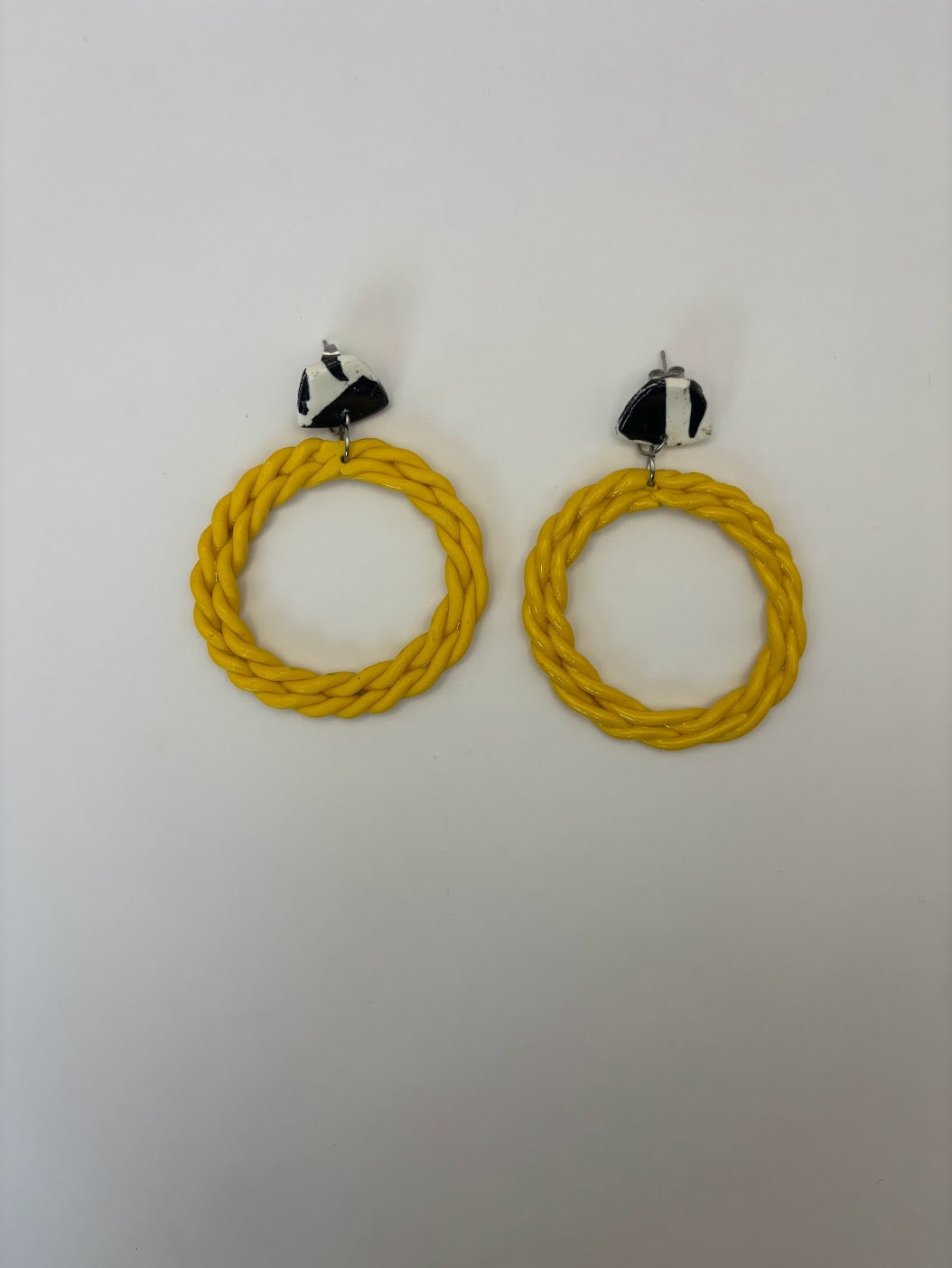Polymer Clay Earrings - Twisted Yellow Black & White Hoops